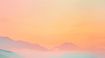 
A serene landscape painting. Dominating the top half is a vast sky painted in hues of orange, peach, and soft yellow, suggesting either a sunrise or sunset