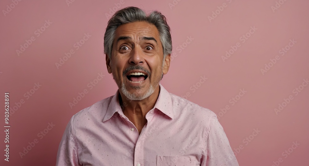 Poster mature hispanic guy in plain pink background looking happy amazed surpised wow shocked expression with copy space