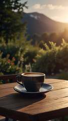 Fototapeta premium Cup of coffee on table in vertical sunshine background 9.