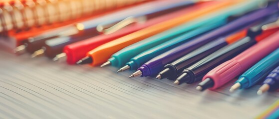 Stationery flat lay displaying colorful pens