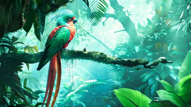 A vibrant Quetzal bird perched on the branch of an old tree