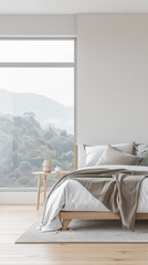 Luxury bedroom interiors with a modern bed next to a large window. Plain lighting and colors composition.