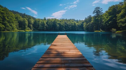 A serene scene featuring a wooden pier stretching into a tranquil, clear forest lake surrounded by lush green trees under a bright blue sky, ideal for relaxation and nature lovers.