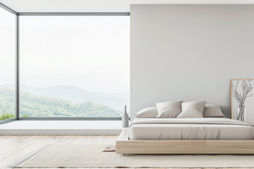 Luxury bedroom interiors with a modern bed next to a large window. Plain lighting and colors composition.