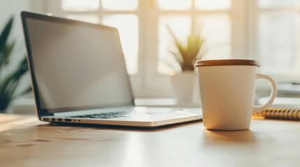 Workspace flat lay featuring organized office supplies and a laptop