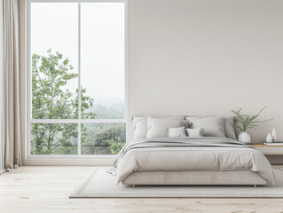 Fototapeta premium Luxury bedroom interiors with a modern bed next to a large window. Plain lighting and colors composition.