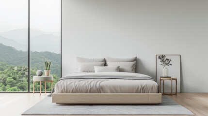 Fototapeta premium Luxury bedroom interiors with a modern bed next to a large window. Plain lighting and colors composition.