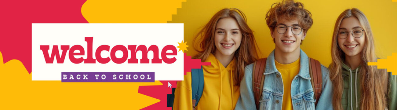The inscription Welcome back to scholl with smiling schoolchildren, created with Generative AI technology.