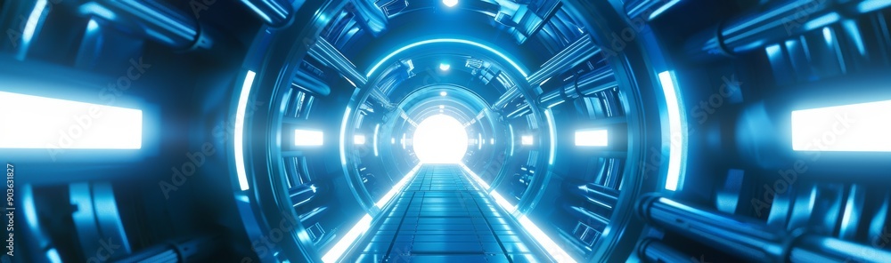 Wall mural In addition to neon blue lights, a sleek banner design completes this futuristic sci-fi tunnel.