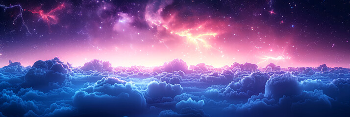 Fototapeta premium Dreamlike sky with fluffy clouds and vibrant nebulae, creating a fantasy landscape perfect for dreamy and whimsical backgrounds.
