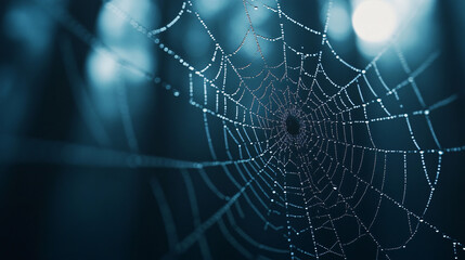Enchanted Spider Web at Night - Intricate dew-covered web with lurking spider in moonlit forest
