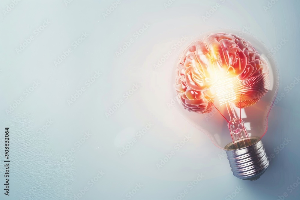 Poster realistic light bulb brain with glowing effect in a modern minimalist style symbolizing creativity i