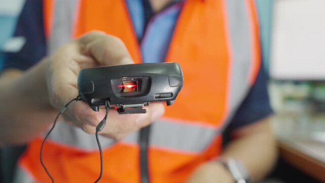 Close-up, Male worker uses wireless barcode reader to read barcode with red laser light to check the accuracy of barcode. Logistics, Import Export.