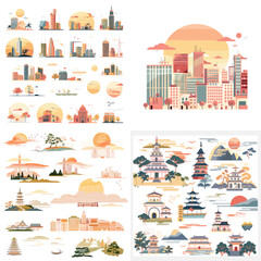 Naklejka premium A collection of cityscape illustrations with a sunset in the background