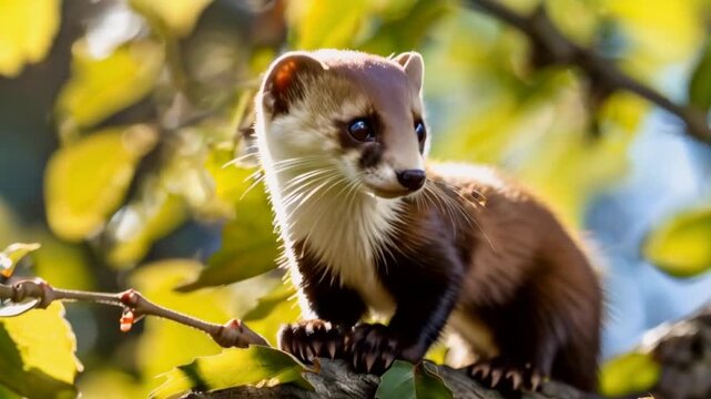Weasel on Tree Branch in Dappled Sunlight