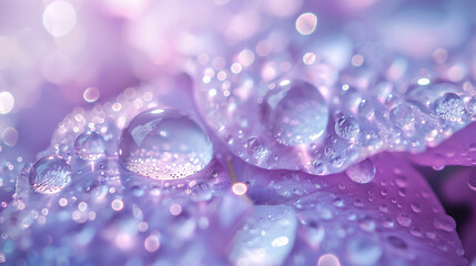 Close-up of dew drops on a solid periwinkle background, capturing their delicate nature.