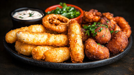 Sumptuous Fried Appetizer Platter with Mozzarella Sticks, Onion Rings, and Jalapeno Poppers in Dark Restaurant Setting