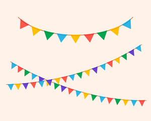 Hanging triangle garlands. Carnival party flags. Vector illustrations set