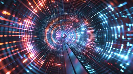 Obraz premium A mesmerizing digital tunnel with vibrant blue and orange lights creating a futuristic atmosphere and dynamic visual experience.