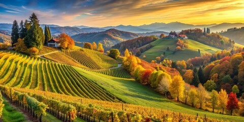 Fototapeta premium Breathtaking autumn vineyards landscape in South Styria near Gamlitz, Austria, vineyards, landscape