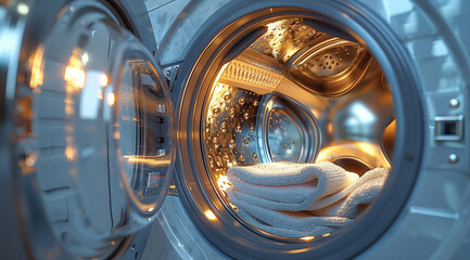 Open washing machine drum with clothes, created with Generative AI technology.