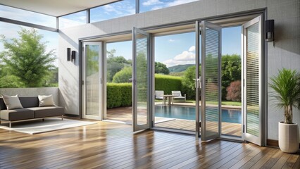 Fototapeta premium Photorealistic image of an aluminum folding door leading to a terrace, showcasing texture, material