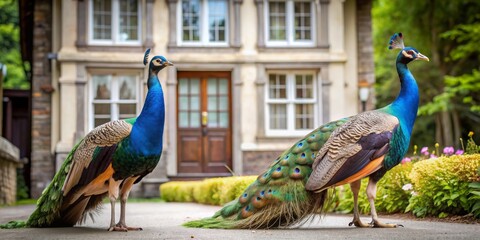Peacocks standing at the door of a house, peacocks, birds, colorful, feathers, vibrant, regal, majestic, doorway, entrance