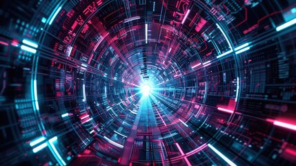 Obraz premium Futuristic digital tunnel with vibrant blue and pink lights, symbolizing technology and innovation.