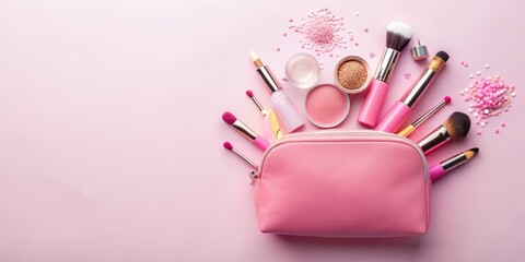 Fototapeta premium Pink makeup bag with beauty products spilling out on pastel background, cosmetics, beauty, makeup, bag, pink, pastel