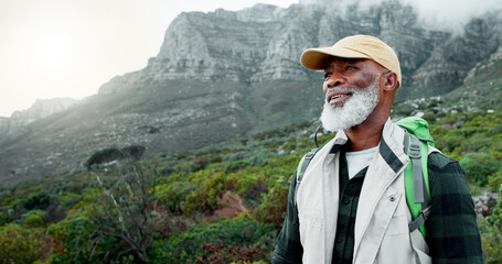 Thinking, mountain or senior black man hiking in nature adventure or journey in woods or outdoor...