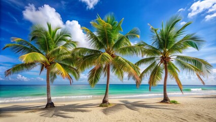 Obraz premium Palm trees swaying in the summer breeze on a tropical beach, tropical, beach, palm trees, summer, sun, sand, ocean, vacation