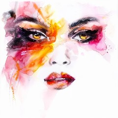 Watercolor painting of a woman with bold makeup, on isolated white background, Generative AI
