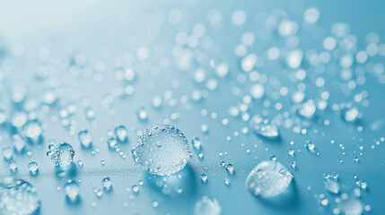 Fototapeta premium Multiple dew drops scattered across a solid pastel blue background, emphasizing their round shapes