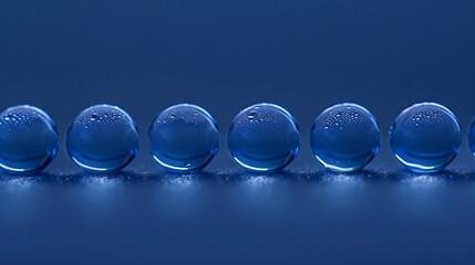 Several dew drops in a line on a solid navy blue background, focusing on their perfect roundness
