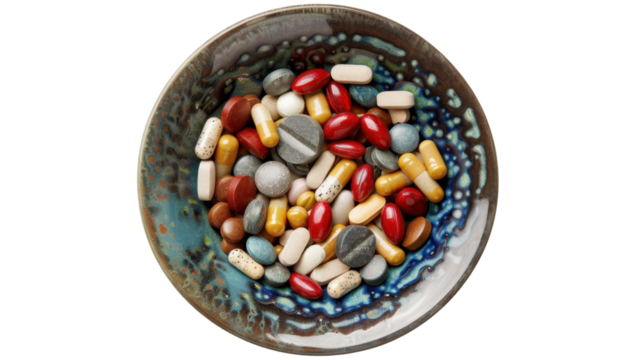 Pills in bowl on transparent background