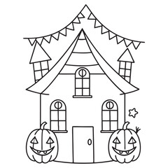 Fototapeta premium a black and white line drawing of a house with two pumpkins on the porch for halloween