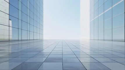 Fototapeta premium Panoramic View of Urban Skyscrapers with Empty Square Floor Tiles in a Modern Cityscape