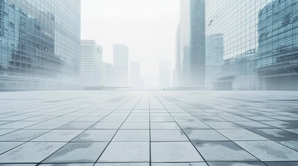 Fototapeta premium Panoramic View of Urban Skyscrapers with Empty Square Floor Tiles in a Modern Cityscape