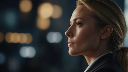 Closeup profile of business woman looking forward.