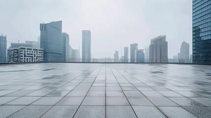 Fototapeta premium Panoramic View of Urban Skyscrapers with Empty Square Floor Tiles in a Modern Cityscape