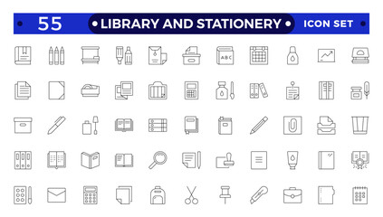 Library and stationery icon set. Contain linear outline icons like College, Knowledge, University, Book, Study, Certificate, Student, Library, Lesson, Stationery.