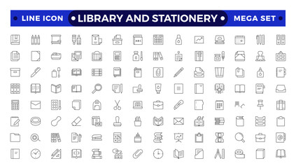 Library and stationery icon set. Contain linear outline icons like College, Knowledge, University, Book, Study, Certificate, Student, Library, Lesson, Stationery.