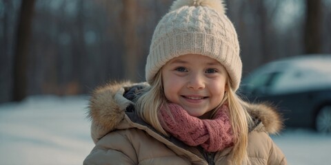 Cute little blonde girl wearing winter clothes showing thumb up outdoors.