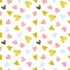 seamless pattern with cute hearts in pink and yellow shades.