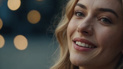Close-up of a woman's face with a playful expression, conveying joy and laughter.