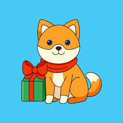 cute shiba inu bought a christmas present vector art illustration