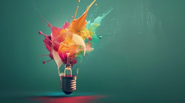 Illuminated Creativity: Liquid Paint Transforming into Colorful Lightbulb on Dark Green Background - Eureka Moment of Creative Inspiration Concept
