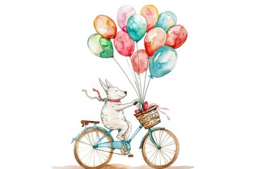 Fototapeta premium Whimsical watercolor illustration of a cute dog on a bicycle with colorful balloons in a basket, perfect for children's decor.