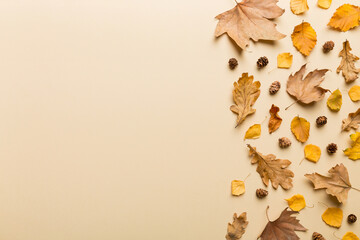 Autumn composition. Pattern made of dried leaves and other design accessories on table. Flat lay, top view