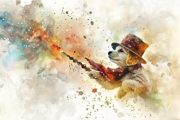 Naklejka premium Whimsical dog dressed as a wizard with a magical background, creating an enchanting and imaginative scene in soft watercolor.